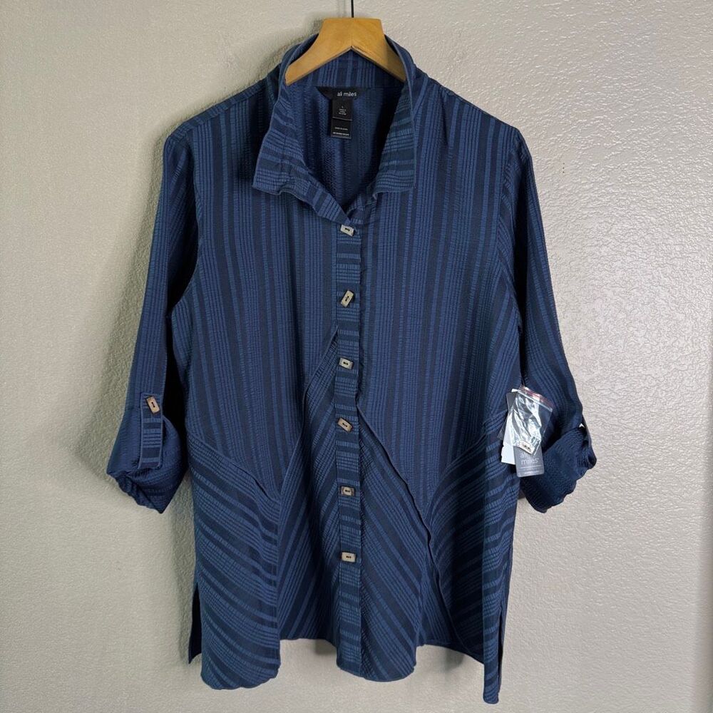 NEW Ali Miles Button Up Shirt Womens L Blue Striped Collared Lagenlook Artsy